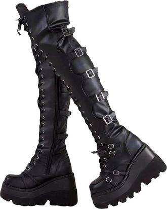 Generic Womens Gothic Thigh High Boots Platform Wedges Motorcycle Boot Army Punk Lace-Up Belt Buckle