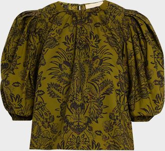 Ulla Johnson Frantiska Floral Poplin Puff-Sleeve Blouse