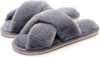Generic Womens Slippers Open Toe Cross-Strap Fleece Lined Warm Soft Winter Indoor Comfy Fluffy Lightweight Breathable Memory Foam Anti-Slide Slippers Grey 5/5