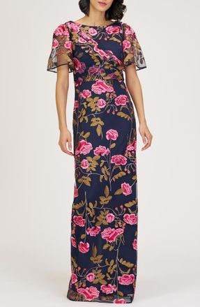 JS Collections Kristine Floral Embroidery Column Gown in Navy Multi at Nordstrom, Size 12