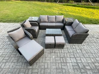 Fimous Patio Garden Furniture Sets Wicker 10 Seater Outdoor Rattan Furniture Sofa Sets with Rectangular Coffee Table Reclining Chair in Dark Grey