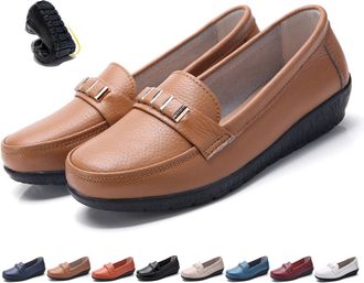 Generic Classic Womens Leather Loafers Lightweight Orthopedic Comfort Slip-On, Non-Slip Wedge Sole Work Walking Moccasins Shoes (6.5,Brown)