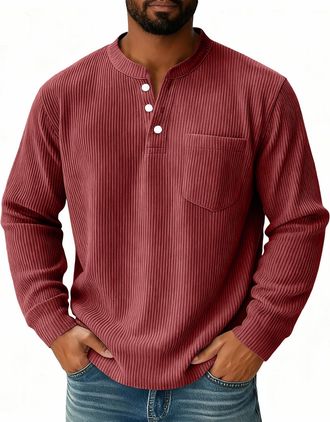 Generic Corduroy shirts Henley collar Mens Waffle Sweatshirt with Pocket V-Neck Button Up Flap Pockets Casual Modern Cozy Red XL