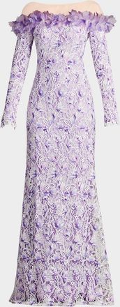 Tadashi Shoji Off-Shoulder Illusion Floral Lace Gown