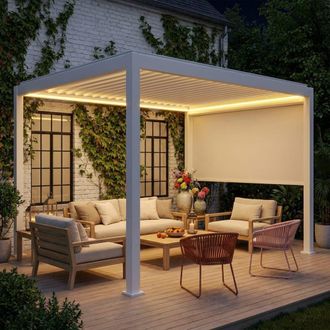 Sweeek P&eacute;rgola bioclim&aacute;tica 3x4m el&eacute;ctrica + toldo de 3m con iluminaci&oacute;n