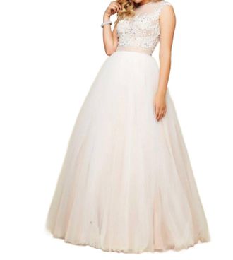 Mac Duggal Illusion Neck Tulle Ball Gown In Ivory/nude