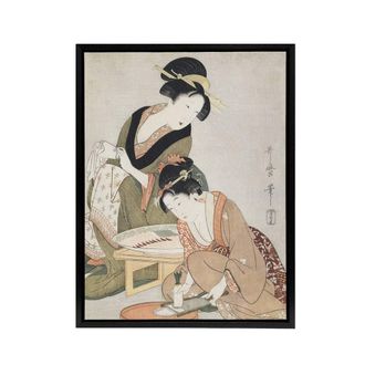 Artery8 Women Preparing Sashimi Framed Canvas Wall Art Print Utamaro Kitagawa in Khaki | Size: W24 x H32