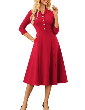 Grace Karin Fall Work Dresses for Women 2025,3/4 Sleeve Business Dress with Pockets,A-Line Office Professional Dresses, Wine Red, XXL