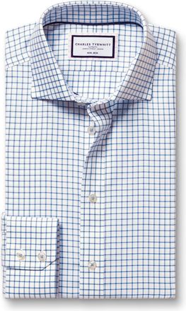 CHARLES TYRWHITT Non-Iron Westminster Weave Check Cotton Shirt - Ocean Blue Single Cuff Size 16/33 by Charles Tyrwhitt