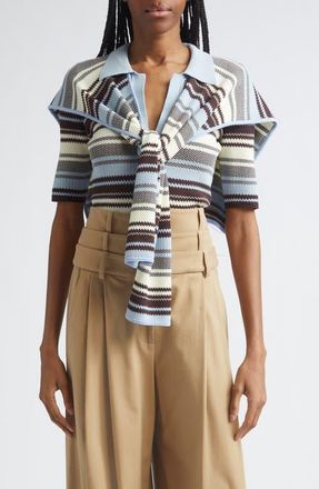 Monse Stripe Jacquard Polo Sweater with Shoulder Wrap in Blue Multi at Nordstrom, Size X-Small