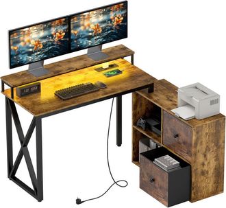 HOMCOM Homcom - Escritorio Esquinero Con Luces Led Escritorio Con Estaci&oacute;n De Carga 2 Compartimentos 2 Cajones De Tela Mando A Distancia Marr&oacute;n R&uacute;stico