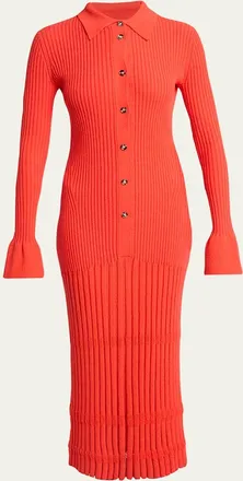Proenza Schouler Rosario Long-Sleeve Merino Wool Pleated Knit Midi Polo Dress