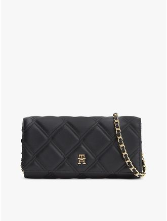 Tommy Hilfiger Womens Quilted Chain Strap Flap Wallet - Black