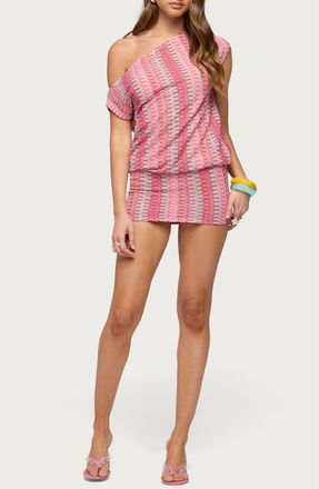 Edikted One-Shoulder Zigzag Crochet Minidress in Pink at Nordstrom, Size X-Small
