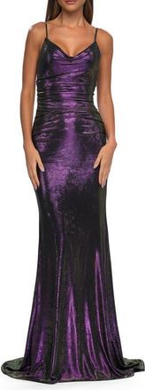 La Femme Metallic Prom Dress with Ruching and Illusion Back in Purple at Nordstrom, Size 10