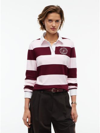 Tommy Hilfiger Womens Crest Striped Interlock Rugby T-Shirt - Burgundy Combo - XXL