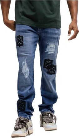 XPLCT Studios Blauwe Heren Patch Jeans - Heren - Regular Fit Jeans - Blauw - W28 - Katoen - Jeans