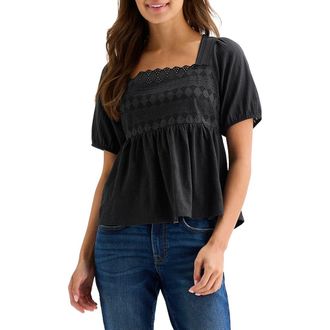 Lucky Brand Schiffli Square Neck Cotton Top in Caviar at Nordstrom Rack, Size X-Large