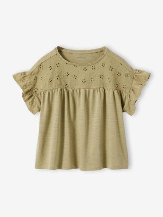 Vertbaudet Blusenshirt mit Volant&auml;rmel und Lochstickerei, M&auml;dchen khaki