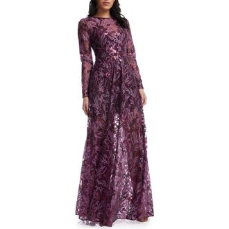 Dress The Population Ava Sequin Floral Long Sleeve A-Line Gown in Deep Plum Multi at Nordstrom Rack, Size Xx-Large