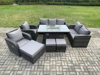 Fimous 10 Seater PE Wicker Outdoor Rattan Garden Furniture Set Propane Gas Fire Pit Table & Sofa Chair set with 3 Footstools in Dark Grey
