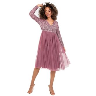 Maya Womens Ladies Wedding Guest Midi Dress Long Sleeve Plunging Neckline V Neck Sequin Embellished Graduation Bridesmaid, Desert Rose, 16 (EG024-MIDI-MM)