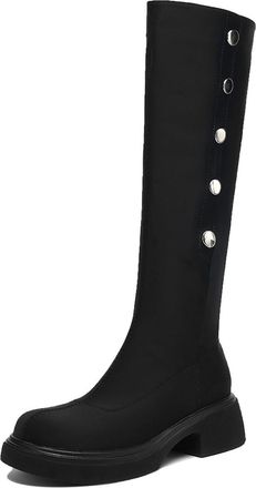 Generic Womens Black Knee-High Boots With Metal Button Accents Round Toe Chunky Block Heels Comfortable Non-Slip Durable PU Leather For Daily Street Party Wea