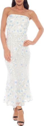OLEG CASSINI 3D Floral Appliqu&eacute; Embroidered Mesh Dress in White /Blue at Nordstrom Rack, Size X-Large