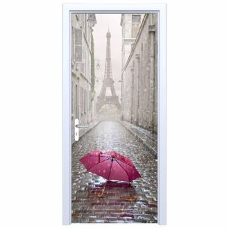OEM Adhesivo De Tela Para Puerta Con Un Paraguas Rosa Y La Torre Eiffel De Fondo 481pd