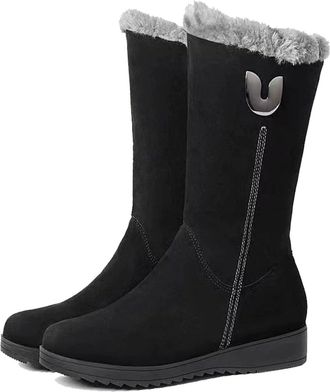 Generic Women Snow Boots, Suede Plush Lined Mid-Calf Booties, Comfortable Causal Winter Boots with Side Zipper for Winter Outdoor (Black,7.5)