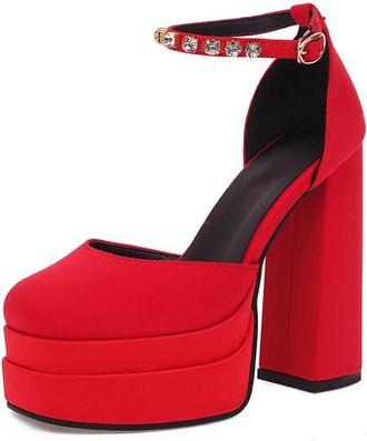 Generic Womens Rhinestone-Strap Platform Pumps Chunky Block Heels Square Toe Adjustable Buckle Comfortable Durable Non-Slip Party Prom Shoes,Red,4.5 UK