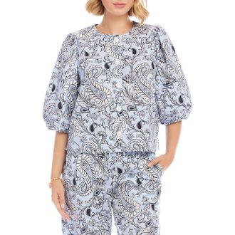 Karen Kane Puff Sleeve Button-Up Top in Blue Paisley at Nordstrom, Size X-Small