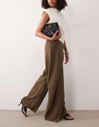 Asos pantaloni sartoriali a portafoglio con vita annodata e gamba ampia in oliva-Verde