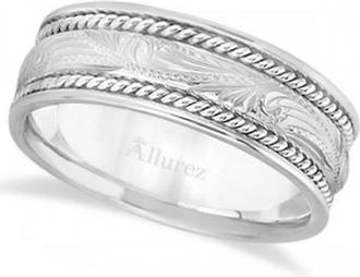 Allurez Fancy Carved Vintage Wedding Ring For Men 14k White Gold (7.5mm)