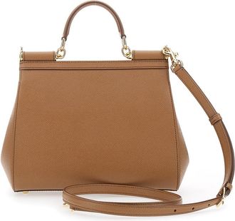 Dolce & Gabbana Womens Handbag My Sicily Grained Brown Leather Cotton Handbags Hand Bags
