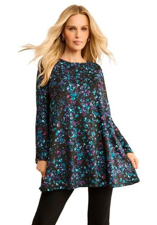 Roaman's Ultimate Long Sleeve Crewneck Swing Tunic in Teal Watercolor Ditsy at Nordstrom, Size 32