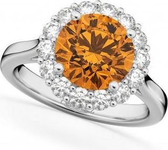 Allurez Halo Round Citrine & Diamond Engagement Ring 14K White Gold 3.70ct
