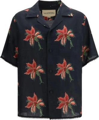 Valentino Short Sleeve Shirts, male, Black, Size: XL Linen Pattern Shirt with Classic Design