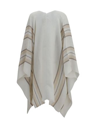 Brunello Cucinelli Womens Open Poncho Linen, Cashmere And Silk Blend White-Beige-Camel-Silver Knitwear White/beige/camel/silver Sweater