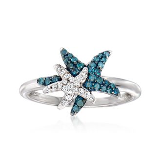 Ross-Simons Blue and White Diamond Starfish Ring in Sterling Silver