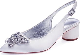Generic Womens Chunky Heels Pointed Toe Wedding Shoes Satin Low Heels Elegant Bridal Slingback Party Evening Dress Shoes 4.5Cm,White,5 UK