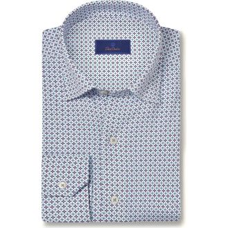 David Donahue Medallion Print Performance Sport Shirt in White/Navy at Nordstrom Rack, Size Large