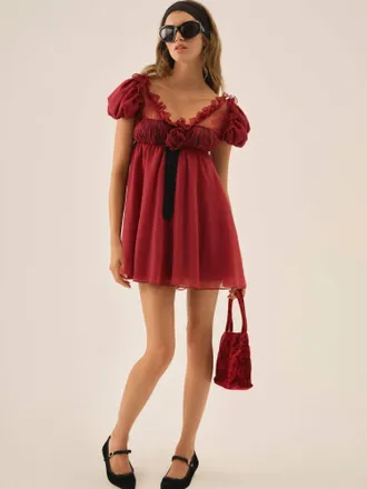 For Love & Lemons Claudine Chiffon Mini Dress In Oxblood
