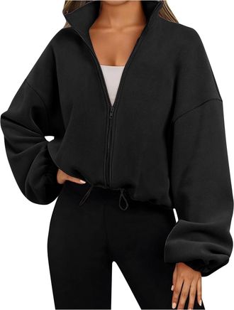 Generic Zip Up Hoodie Women Oversized Sweatshirt Fleece Cropped Jacket Trendy Fleece Jacket Workout Sherpa Coat 2024 New