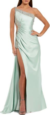 Mac Duggal One Shoulder Embellished Cut Out Slit Gown in Sage at Nordstrom, Size 10