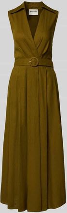 Stefanel Maxikleid aus Leinen-Viskose-Mix mit G&uuml;rtel in Oliv, Gr&ouml;&szlig;e XS