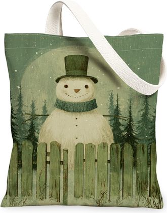 Generic Snow Man Canvas Tote Bags, Winter Holiday Design Reusable Grocery Bags, Vintage Eco-Friendly Lightweight Washable Shoulder Strap for Travel Picnic 13x