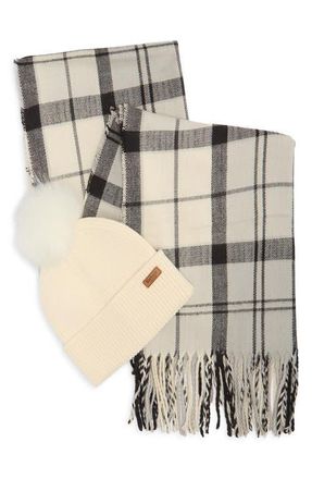 Barbour Dover Tartan Scarf & Faux Fur Pompom Beanie Set in Monochrome Tartan at Nordstrom