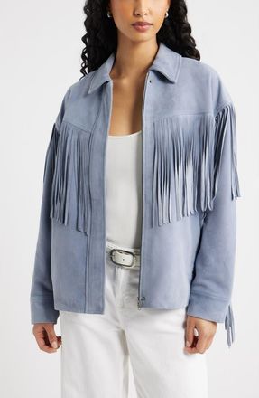 Open Edit Fringe Suede Jacket in Blue Umbra at Nordstrom, Size Xx-Small