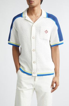 Casablanca Mixed Stitch Sweater Camp Shirt in Cotton Blend at Nordstrom, Size X-Large